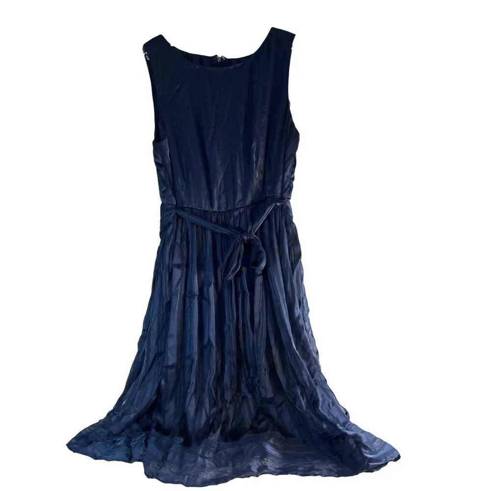 Luxe By Carmen Marc Valvo Womens Dress Navy Blue Flowy Lined Zip Back Sash Tie S